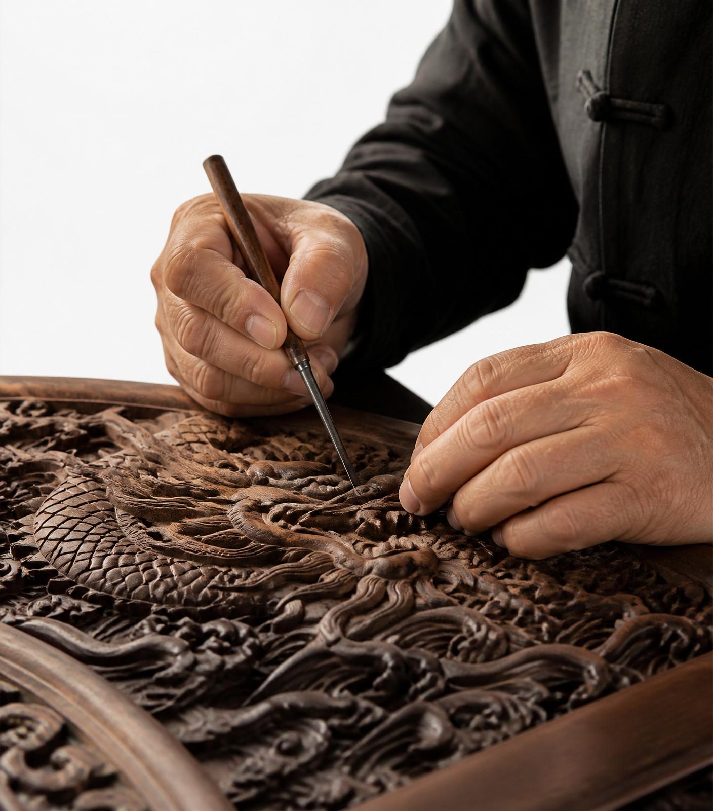 Master artisan carving a dragon motif