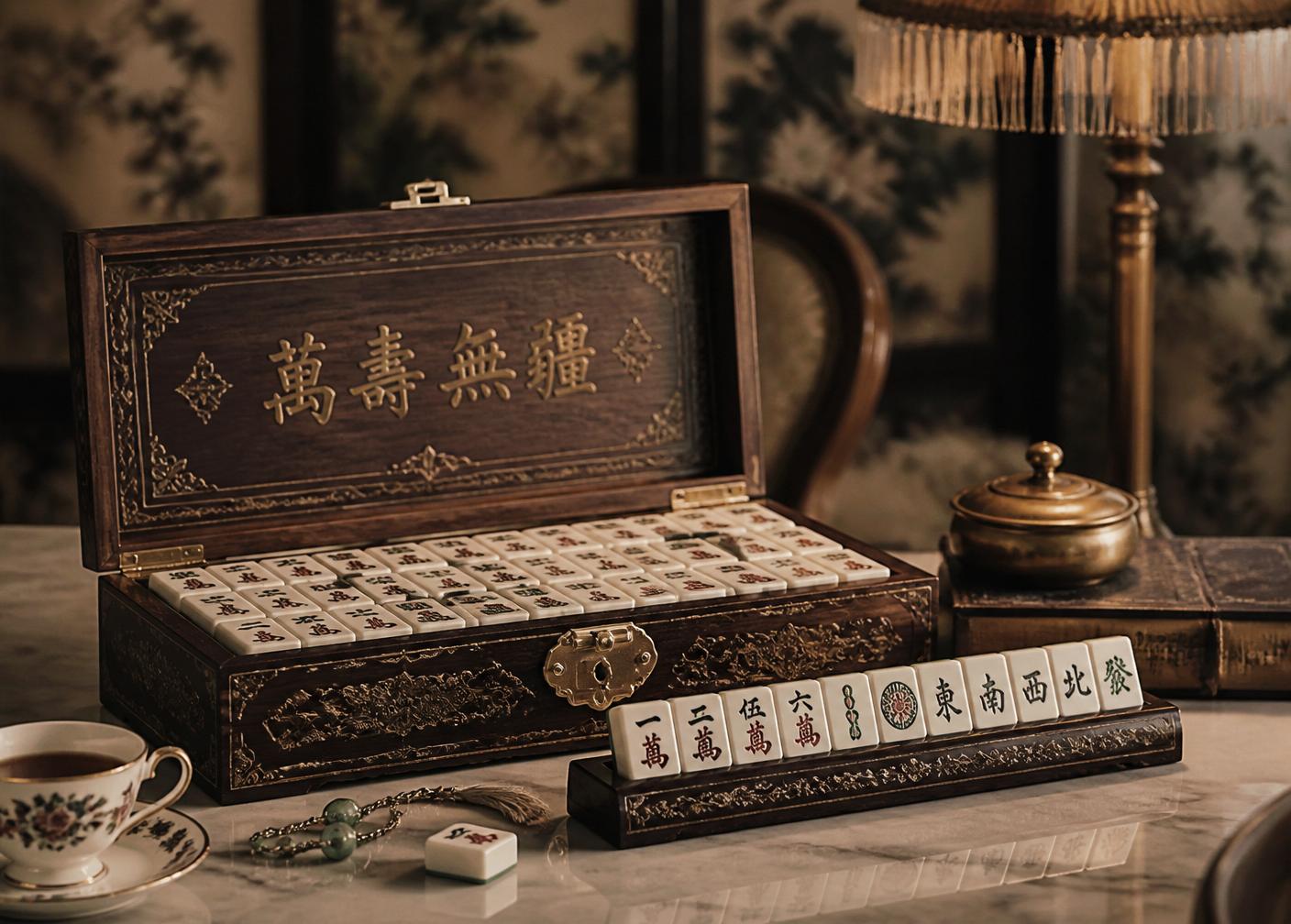 Vintage mahjong set on a marble table